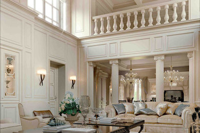 Foto de salón para visitas abierto tradicional extra grande con paredes blancas