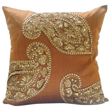 Orange Indian Paisley 14x14 Silk Pillows Covers for Couch, Traditional Paisleys