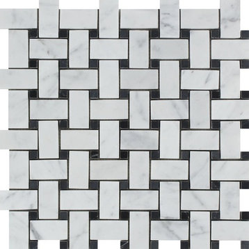 Carrara Italian Honed Marble Basketweave Mosaic ( With Black Dots), 10 sq.ft.