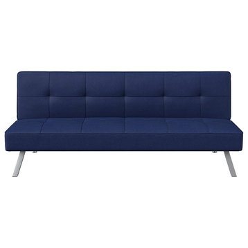 Comfortable Convertible Futon, Chrome Legs & Tufted Polyester Seat, Navy Blue