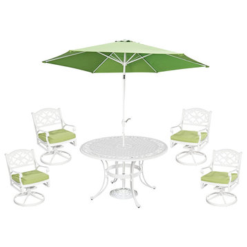 6 Pieces Patio Dining Set, Swivel Padded Chairs & Table With Umbrella, Off White