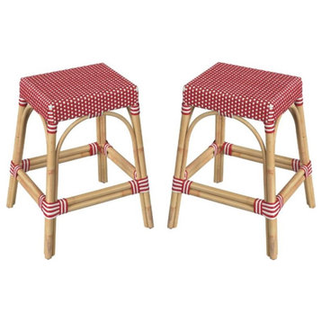 Home Square Rattan Counter Stool in Red and White - Set of 2