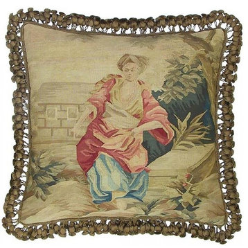 Aubusson Throw Pillow 22"x22"  Country Woman Pink/Brown/Beige