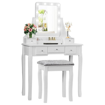 Costway Vanity Dressing Table Set W/Dimmable Bulbs Touch Switch Cushion Stool