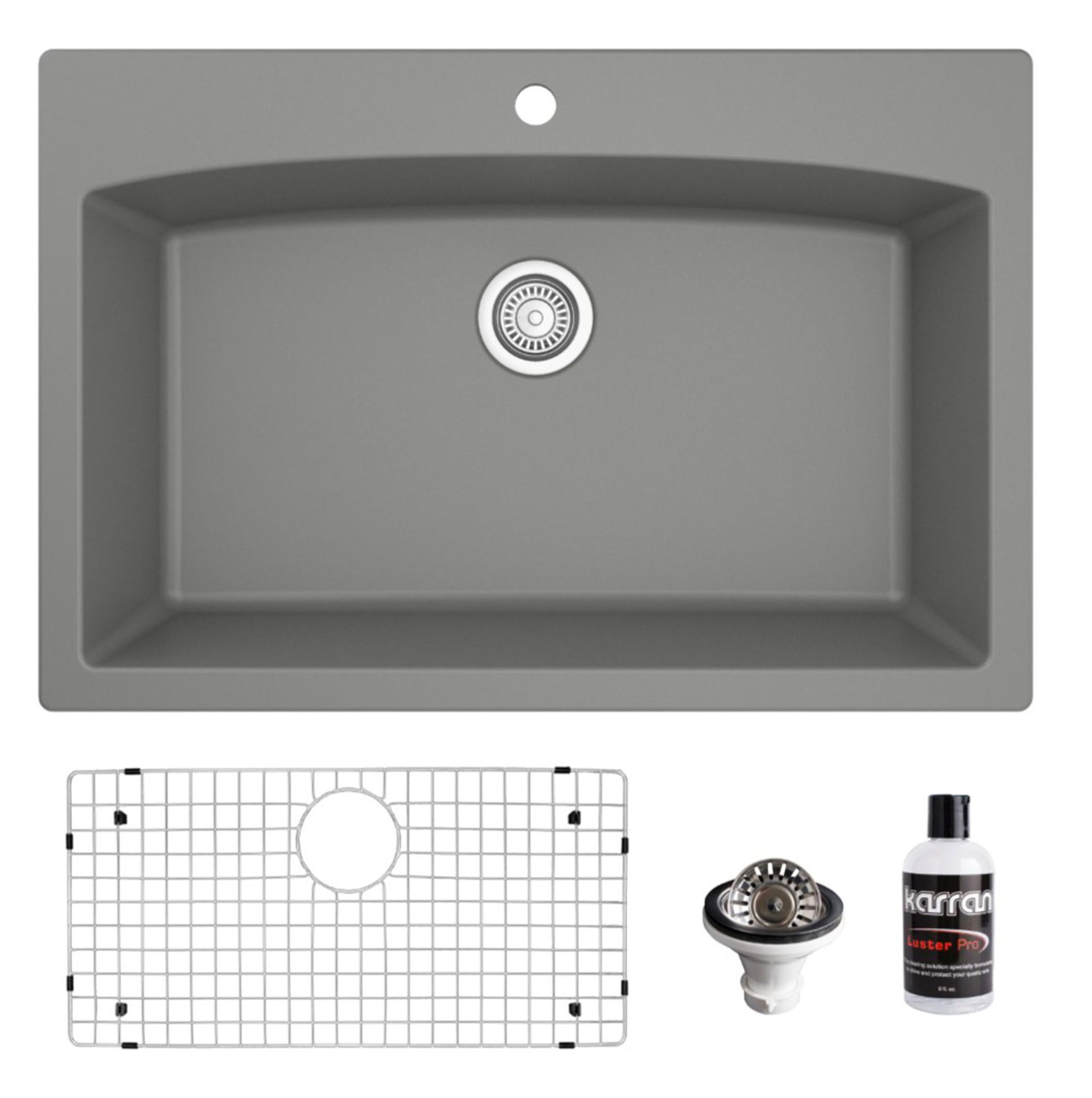 Karran Drop-In Quartz Composite 33" 1-Hole Single Bowl Kitchen Sink Kit, Grey