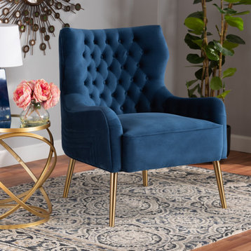 Accent Chair, Golden Legs, Navy Blue Velvet Seat With Geometric Stitch Pattern