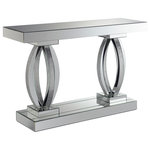 Modon - Amalia Rectangular Sofa Table With Shelf Clear Mirror - Amalia Rectangular Sofa Table with Shelf Clear Mirror This striking, silver sofa table adds a decorative accent to any home. Its sleek, compact size makes it perfect for smaller spaces. A cool, silver finish elegantly accentuates its modern silhouette. Textured silver accents play up the stunning style of its bold, c-shaped supports. Creatively crafted, this table makes a stylish statement that's sure to enhance your contemporary decor. Chic, glamorous, contemporary occasional table set Crafted of mirrors for a sleek, high-shine look Rhinestone accents add a touch of glam Graceful, curved legs Lower shelf ideal for storage or display Product Includes: Sofa Table