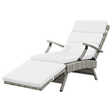 Contemporary Patio Chaise Lounge, Metal Frame With Rattan Cover and Padded Seat, Light Gray White
