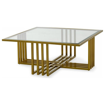 Modrest Kodiak Square Glass & Stainless Steel Coffee Table in Gold/Clear