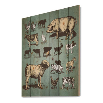 Designart Farm Animals Vintage Set Sketch Animals Wood Wall Art 40x30
