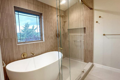 Master white floor, double-sink and wood ceiling bathroom photo in Seattle with light wood cabinets, a one-piece toilet, white walls, white countertops and a freestanding vanity