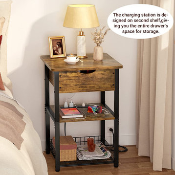 Modern End Table with Charging Station and Flip Top Storage Shelves, Rustic Brow