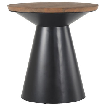 Mitchell Medium Brown Solid Wood w/ Black Iron Pedestal Side Table