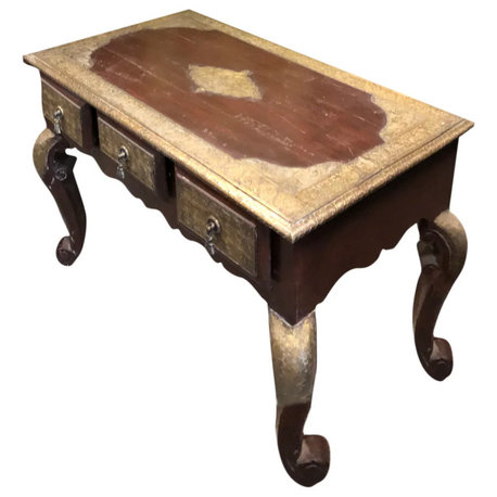 Consigned Vintage Brass Cladded Table, Ornate Console Table, Brass Carving