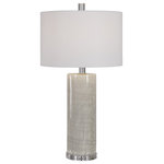 Uttermost - Uttermost Zesiro Modern Table Lamp - Modern in design, this ceramic table lamp showcases a neutral beige glaze with an abstract gray drip pattern, paired with elegant crystal details and polished nickel plated accents. The hardback drum shade is a white linen fabric.