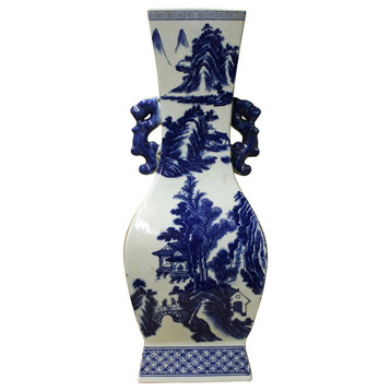 Chinese Blue White Porcelain Oriental Scenery Graphic Vase cs2448