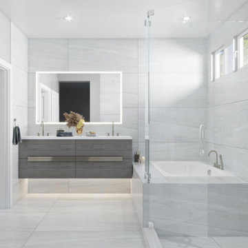Master bathroom gray modern backlit mirror