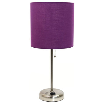 Stunning Stick Lamp With Charging Outlet And Fabric Shade, Purple