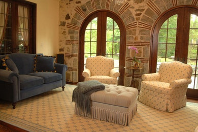 Design ideas for a mid-sized traditional formal enclosed living room with beige walls and dark hardwood floors.