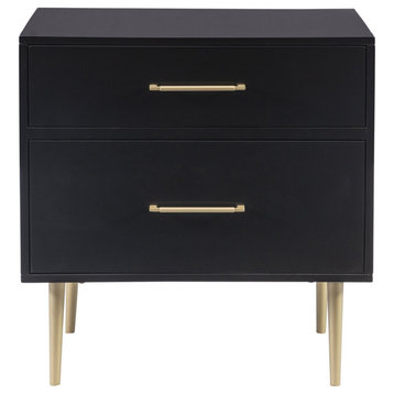 Contemporary Nightstand, 2 Storage Drawers With Gold Sculpted Pulls, Black