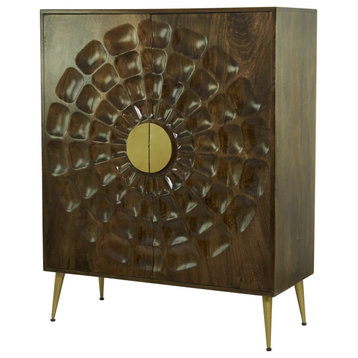 Contemporary Storage Cabinet, Doors With Unique Sun Ray Pattern, Brown & Gold