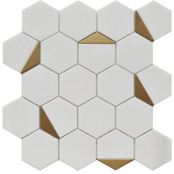 Mosaic Hexagon Tile Marble With Metal, White Gold