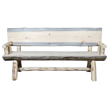 Montana Half Log Bench With Back And Arms In Clear Lacquer Finish MWHLBWB6V