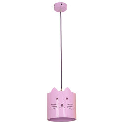 Contemporary Kids Ceiling Lighting Modern Iron Pendant Light With Cat Face Pattern Purple Shade