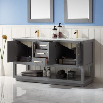 Remi 60" Double Bathroom Vanity Set in Gray and Carrara White Marble Countertop