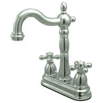 Kingston Brass - Kingston Brass 4" Centerset Bar Faucet, Polished Chrome - This double handle centerset bar faucet features an early American look that captures an aesthetic colonial style with its graceful curves and Victorian style spout. The faucet provides a two-hole sink application and a 1/4-turn on-and-off mechanism for controlling the flow of water. The item is fabricated in high-quality brass and is crafted to ensure years of reliable performance; also comes in a variety of finishes to allow you options when creating/improving your bar setting.