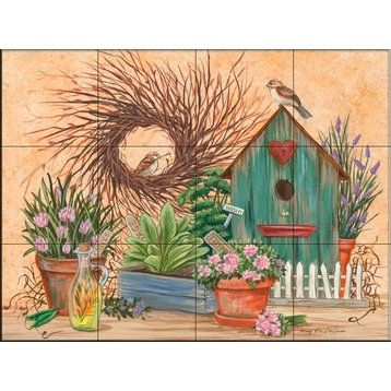 Tile Mural, Birdhouse And Herbs by Mary Lou Troutman