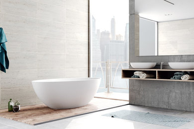 Example of a mid-sized trendy master freestanding bathtub design in Dallas with a vessel sink and wood countertops