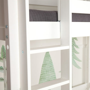 White Twin Mid Loft Bed with Customizable Ladder