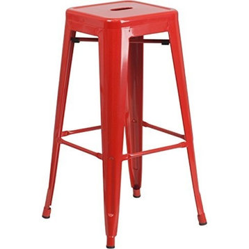 30" High Backless Red Metal Indoor-Outdoor Barstool With Square Seat