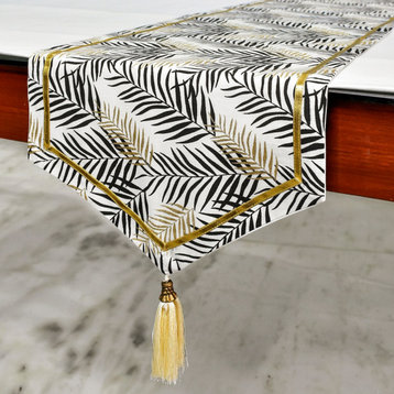 Decorative Table Runner Black Cotton 14"x64", Leaf, Gold Glitter, Tassels- Panra
