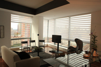 Inspiration for a mid-sized contemporary formal and open concept medium tone wood floor living room remodel in New York with white walls, no fireplace and a tv stand