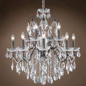 Heritage 12 Light 28" Deep Iron Chandelier With European Crystal and Led Bulb