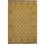 Bareens Designer Rugs - Antique Tribal Soumak Rueben Beige/Brown Wool Rug - 7'6'' x 10'3'' - Crafted by skilled master weavers with handspun wool and organic natural dyes with mesmerizing intricacy and gorgeous color palette, this breathtaking Soumak rug (also spelled Soumakh, Sumac, Sumak, Somekh or Soumac) is a flat-weave rug that is thick, strong and exceptionally durable. Soumak rugs are unique because of the wefts used to produce decorative patterns. Famous for its finely woven richly detailed motifs featuring different styles of tribal motifs, predominantly geometric, transitional and bird motifs. Most desired due to its versatility in design this hand-woven rug is in a compelling focal point in any living area and can decorate floor, interior walls, sofas, chairs, beds and tables.