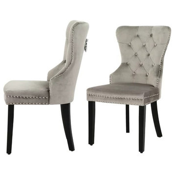 Set of 2 Dining Chair, Velvet Seat With Nailhead & Tufted Wingback, Gray
