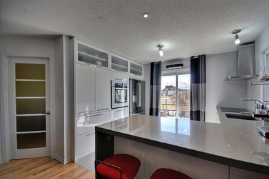 Open concept kitchen - mid-sized modern l-shaped porcelain tile open concept kitchen idea in Ottawa with an undermount sink, flat-panel cabinets, white cabinets, quartz countertops, stainless steel appliances and a peninsula