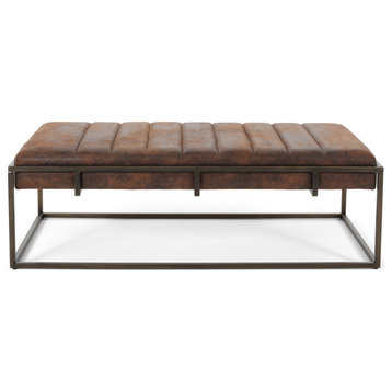 Modern Glam Ottoman, Metal Frame & Soft Velvet Seat With Channel Tufting, Brown