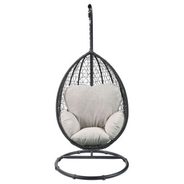 Acme Simona Patio Swing Chair With Stand Beige Fabric and Black Wicker