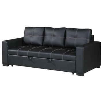 Modern Plastic Legs Black Faux Leather Convertible Sofa