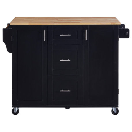 Rubberwood Kitchen Cart, 1 Spice Rack, 2 Slide-Out Shelf, and 3 drawer, Black