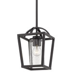 Golden Lighting - Mercer Mini Pendant, Matte Black With Matte Black accents and Seeded Glass - With seeded glass and a contemporary finish, the simplicity of the Mercer Collection is suitable for transitional to modern interiors. Bold, graphic lines in matte black create the open cage design. The fixtures are available in multiple accent colors to match or contrast the smooth cages. The rod-hung construction and square canopy complete the clean, modern look. This mini pendant is an eye-catching accent that can be used alone or arrayed in a group. The down-light provided by this pendant is great for task lighting.
