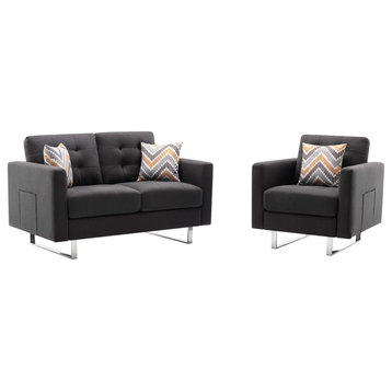 Victoria Dark Gray Linen Fabric Loveseat Chair Living Room Set w/ Side Pockets