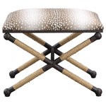 Uttermost - Fawn Small Bench - This Lodge Inspired Small Bench Has A Rustic Iron Frame Accented With Natural Fiber Rope Details, Featuring A Fun Neutral Fawn Printed Polyester Top.