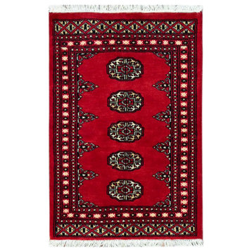 Red Princess Bokara Soft Wool Hand Knotted, Mat Oriental Rug, 2'1"x3'