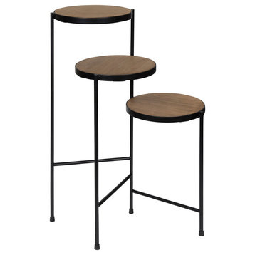 Fields Tri-Level Metal and Wood Plant Stand, Rustic Brown/Black