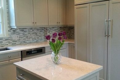 Example of a transitional porcelain tile eat-in kitchen design in Chicago with an undermount sink, shaker cabinets, gray cabinets, quartzite countertops, multicolored backsplash, porcelain backsplash, stainless steel appliances and an island